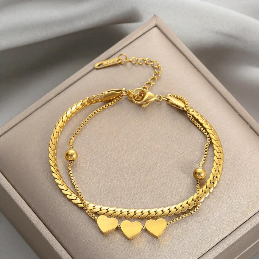 Bratara aurie, din otel inoxidabil, in 2 straturi, cu inimioare, suflata cu aur 18k, Bekka C2 - Pursehuit.ro