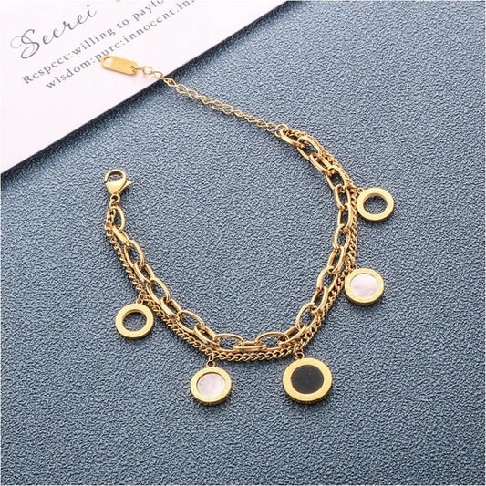 Bratara aurie, din otel inoxidabil, in 2 straturi, cu piese rotunde, suflata cu aur 18k, Bela C2 - Pursehuit.ro