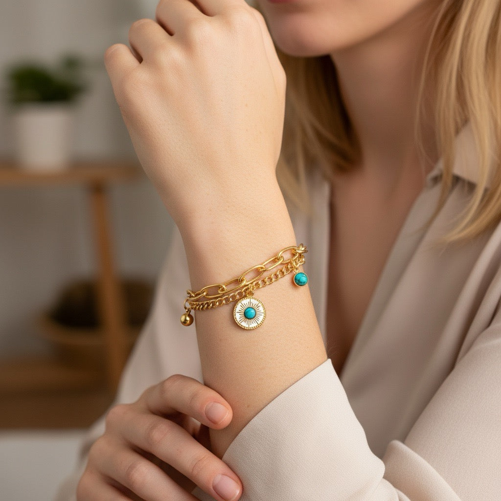 Bratara aurie, din otel inoxidabil, in 2 straturi, suflata cu aur 18k, Delia C2