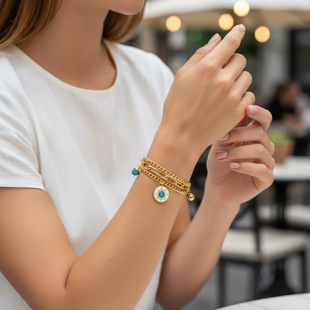 Bratara aurie, din otel inoxidabil, in 2 straturi, suflata cu aur 18k, Delia C2