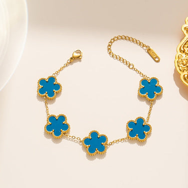 Bratara aurie, din otel inoxidabil, suflata cu aur 18k, cu floricele bleu, Iselina C5