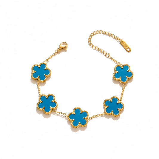 Bratara aurie, din otel inoxidabil, suflata cu aur 18k, cu floricele bleu, Iselina C5