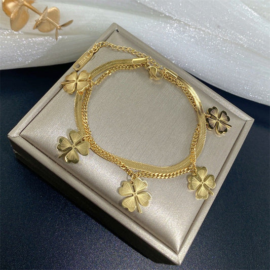 Bratara aurie, din otel inoxidabil, suflata cu aur 18k, in 2 straturi, cu trifoi, Isaka C5