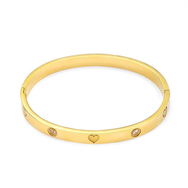 Bratara aurie, din otel inoxidabil, suflata cu aur 18k, tip bangle, cu inimioare si pietre din zirconiu, Jacoba C10