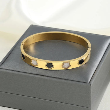 Bratara aurie, tip bangle, din otel inoxidabil, suflata cu aur 18k, cu trifoi, Eloria C1