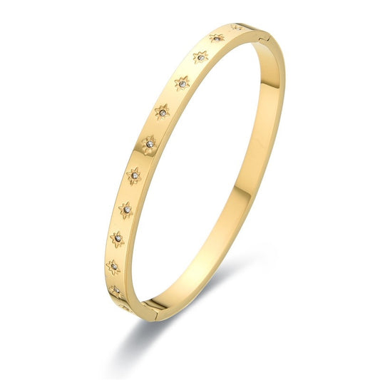 Bratara aurie, tip bangle, din otel inoxidabil, suflata cu aur 18k, cu zirconii, Arlena C1