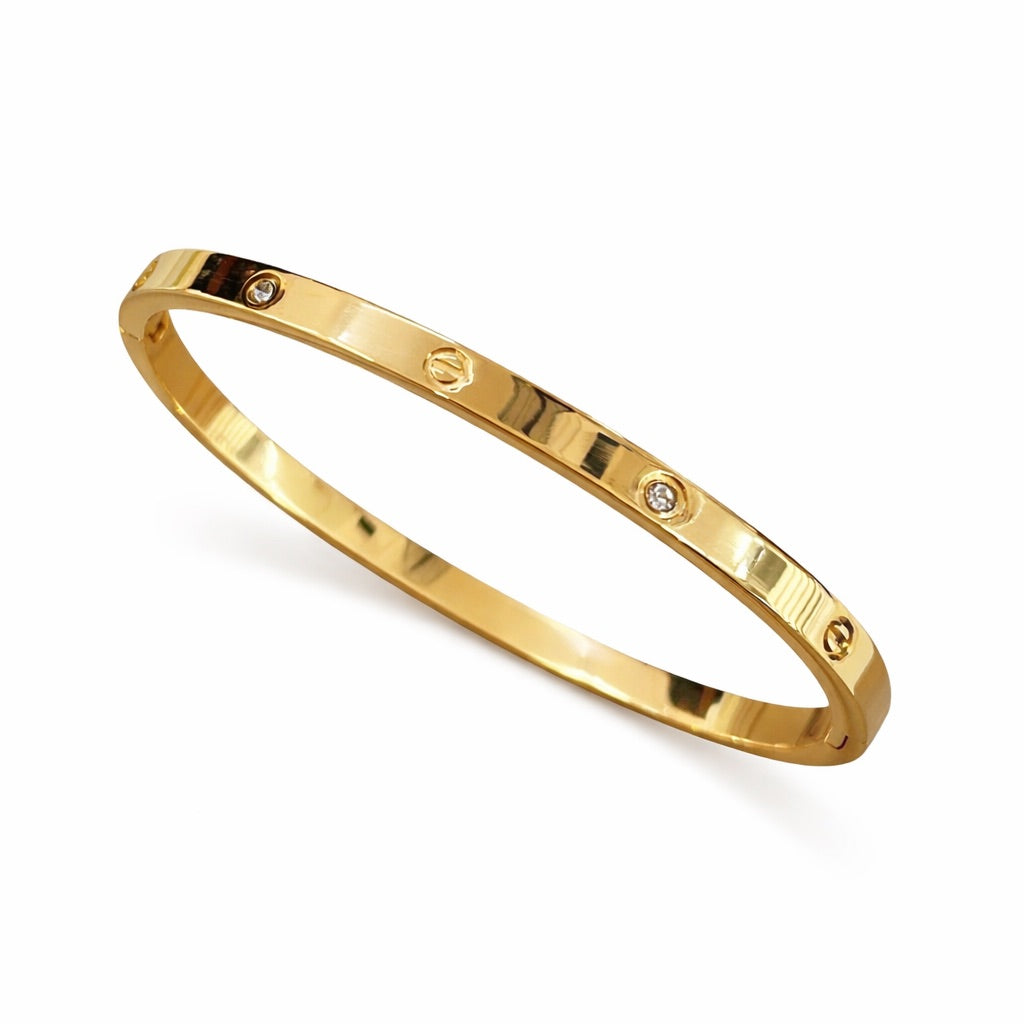 Bratara aurie, tip bangle, din otel inoxidabil 316L, placata cu aur 18K PVD, cu zirconii, Mirenelle C11