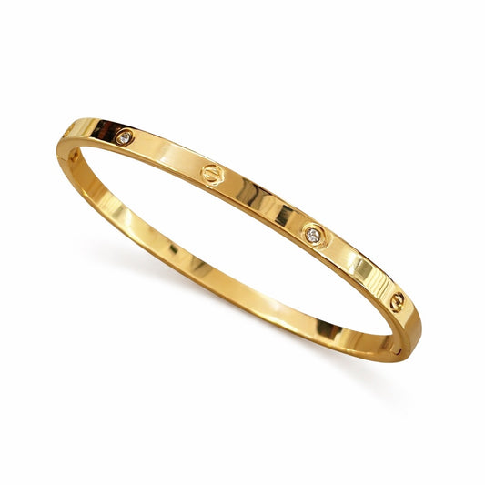 Bratara aurie, tip bangle, din otel inoxidabil, suflata cu aur 18k, cu zirconii, Mirenelle C1