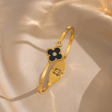 Bratara aurie, tip bangle, din otel inoxidabil, suflata cu aur 18k, cu zirconii si trifoi, Miravel C1