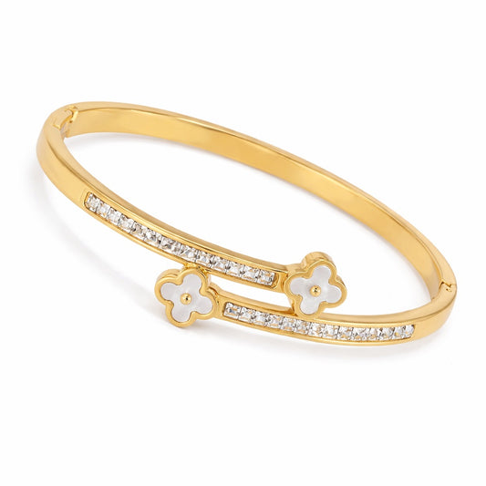 Bratara aurie, tip bangle, din otel inoxidabil, suflata cu aur 18k, cu zirconii si trifoi, Norivelle C2