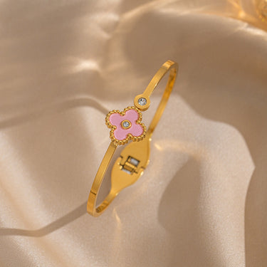 Bratara aurie, tip bangle, din otel inoxidabil, suflata cu aur 18k, cu zirconii si trifoi, Solenya C1