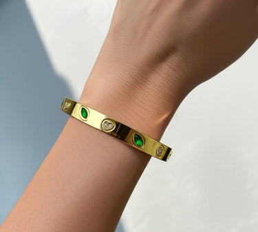 Bratara aurie, tip bangle, din otel inoxidabil, suflata cu aur 18k, cu zirconii verzi, Norielle C1