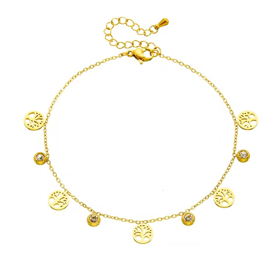 Bratara de picior, aurie, din otel inoxidabil, suflata cu aur 18k, cu copacul vietii si pietre, Abela C4