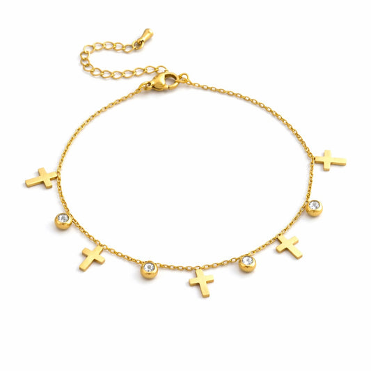 Bratara de picior, aurie, din otel inoxidabil, suflata cu aur 18k, cu cruciulite si pietre, Addie C4