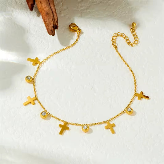 Bratara de picior, aurie, din otel inoxidabil, suflata cu aur 18k, cu cruciulite si pietre, Addie C4