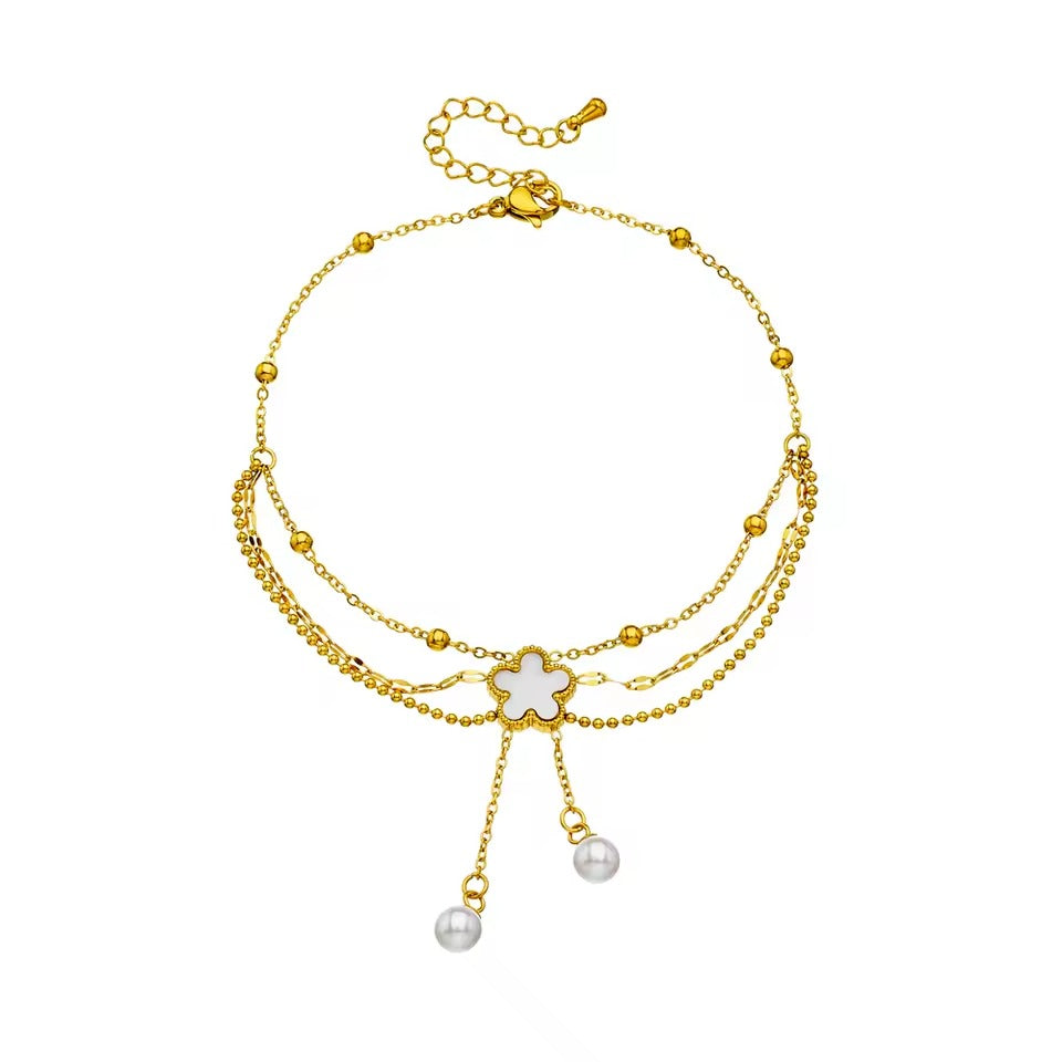 Bratara de picior, aurie, din otel inoxidabil, suflata cu aur 18k, cu floricica si perlute, Abelina C4