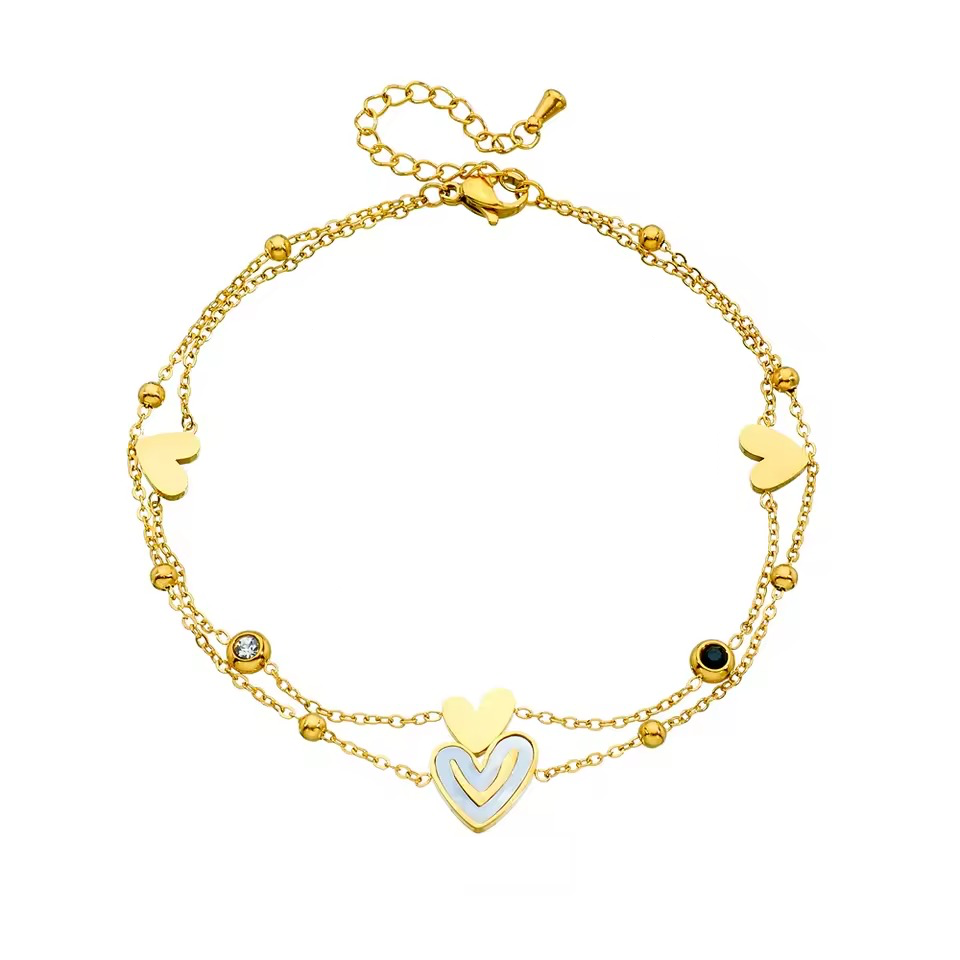 Bratara de picior, aurie, din otel inoxidabil, suflata cu aur 18k, cu inimioare si pietre, Abbygail C4