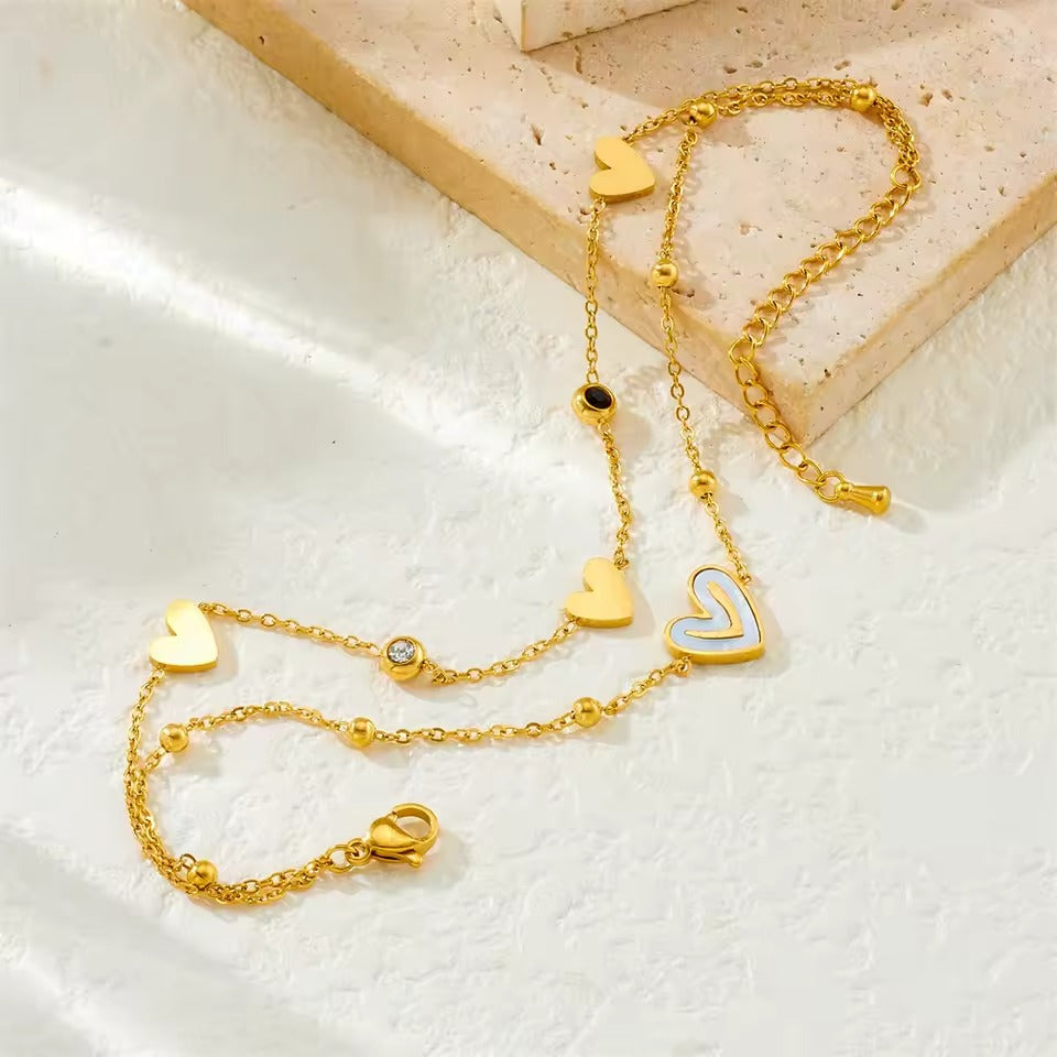 Bratara de picior, aurie, din otel inoxidabil, suflata cu aur 18k, cu inimioare si pietre, Abbygail C4