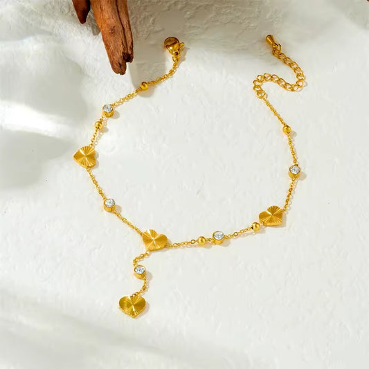 Bratara de picior, aurie, din otel inoxidabil, suflata cu aur 18k, cu inimioare si pietre, Adina C4