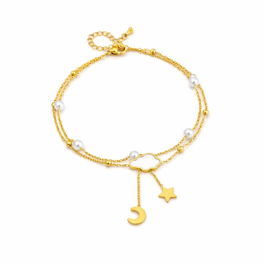 Bratara de picior, aurie, din otel inoxidabil, suflata cu aur 18k, cu luna, steluta si perlute, Abner C4