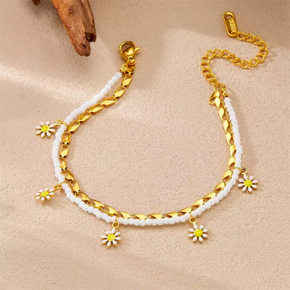 Bratara de picior, aurie, din otel inoxidabil, suflata cu aur 18k, cu margelute si floricele, Afrodite C4