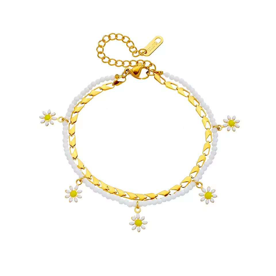 Bratara de picior, aurie, din otel inoxidabil, suflata cu aur 18k, cu margelute si floricele, Afrodite C4