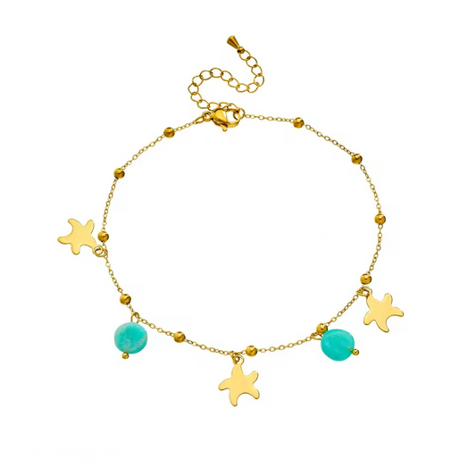 Bratara de picior, aurie, din otel inoxidabil, suflata cu aur 18k, cu stelute de mare si pietre turquoise, Adonika C4