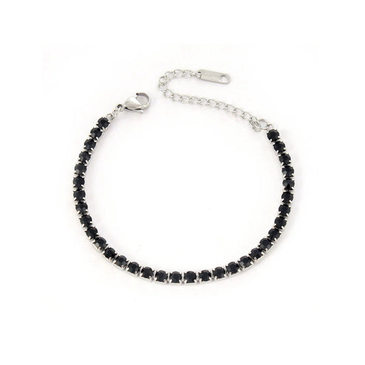 Bratara argintie, tennis, din otel inoxidabil 316L, placata cu aur 18K PVD, cu pietre negre din zirconiu, Agatha C9