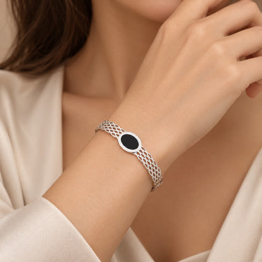 Bratara argintie, tip bangle, din otel inoxidabil 316L, placata cu aur 18K PVD, Agla C11