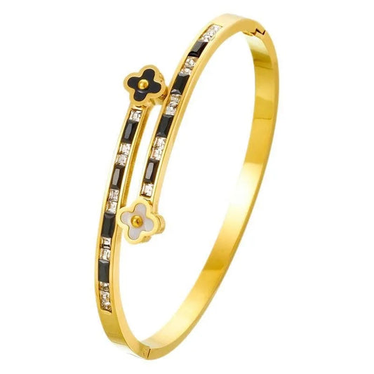 Bratara aurie, tip bangle, din otel inoxidabil, suflata cu aur 18k, cu zirconii si trifoi, Ismera C2