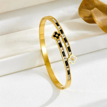 Bratara aurie, tip bangle, din otel inoxidabil, suflata cu aur 18k, cu zirconii si trifoi, Ismera C2