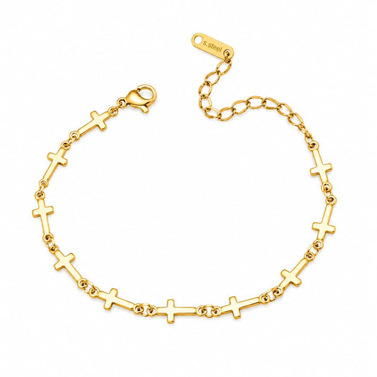 Bratara aurie, din otel inoxidabil 316L, placata cu aur 18K PVD, cu cruciulite, Irmelin C15