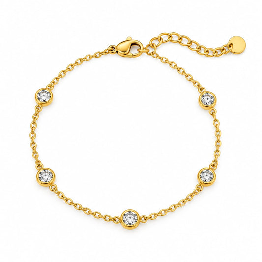 Bratara aurie, din otel inoxidabil 316L, placata cu aur 18K PVD, cu pietre din zirconiu, Dafna C15