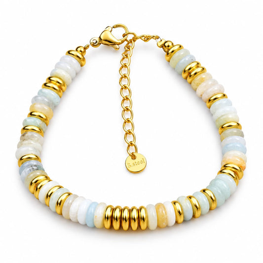 Bratara aurie, din otel inoxidabil 316L, placata cu aur 18K PVD, cu pietre semipretioase de Amazonite C15