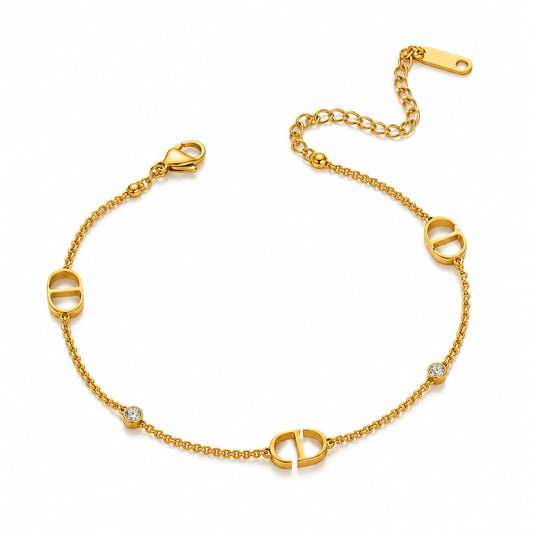 Bratara aurie, din otel inoxidabil 316L, placata cu aur 18K PVD, delicata, cu pietricele din zirconiu, Jamie C14