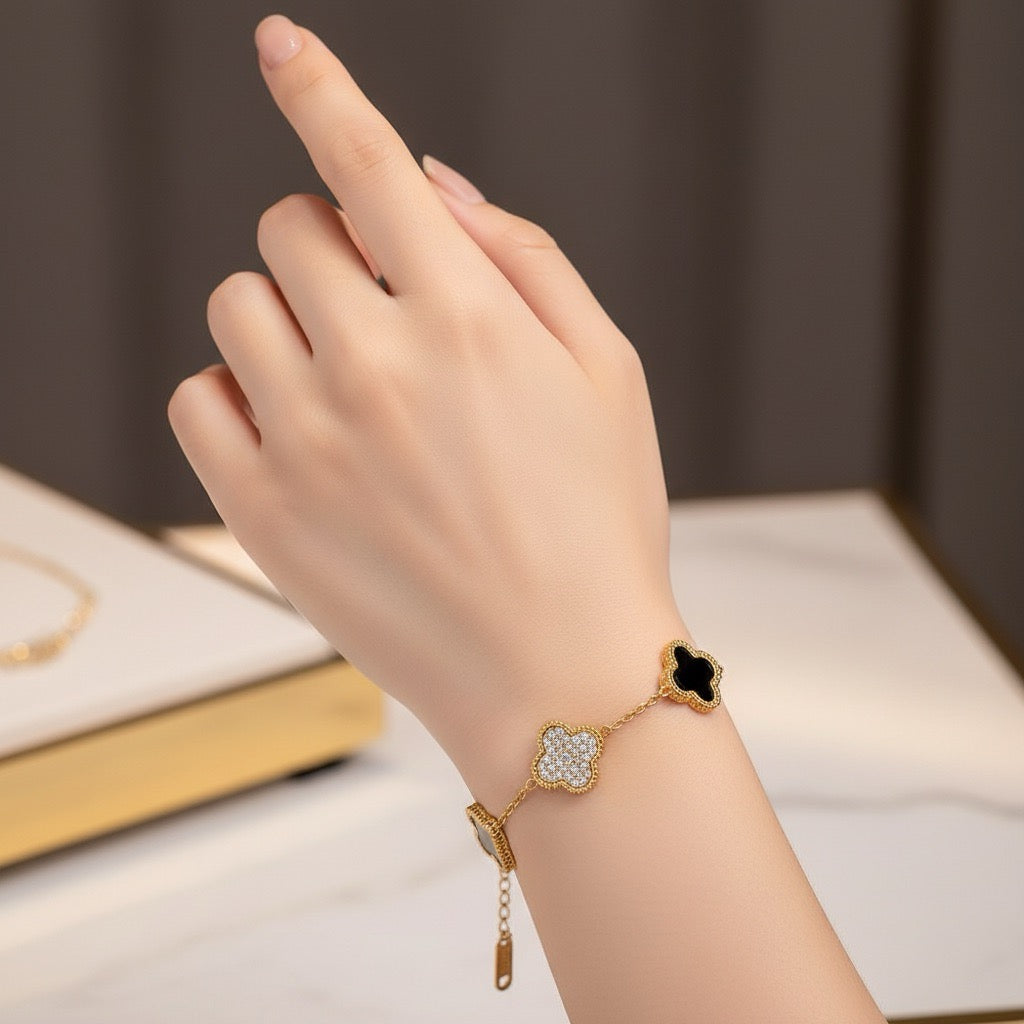 Bratara rose gold, otel inoxidabil, suflata cu aur 18k, cu piese in forma de trifoi stilizat si pietre, Donia C6