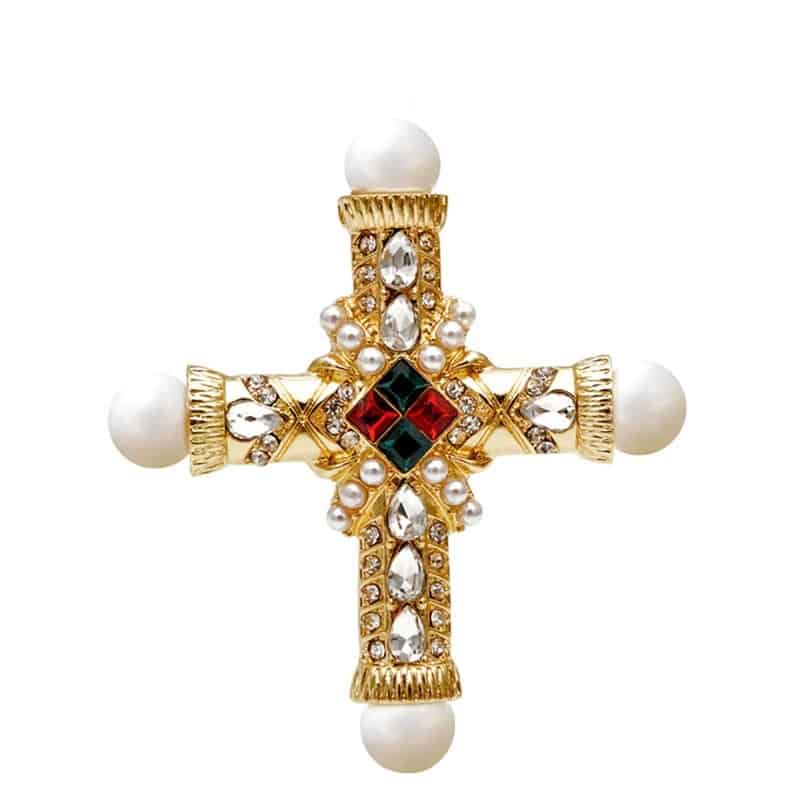Brosa aurie, cruce, stil baroc, cu perle si pietre, Crystall C5