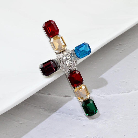 Brosa argintie, in forma de cruce, cu pietre multicolore, Kristiana C2 - Pursehuit.ro