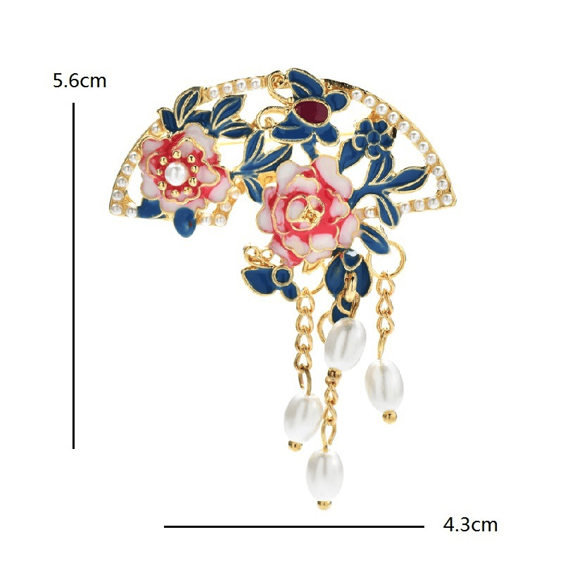 Brosa aurie, forma de evantai japonez, cu flori si perle, Iveth C6