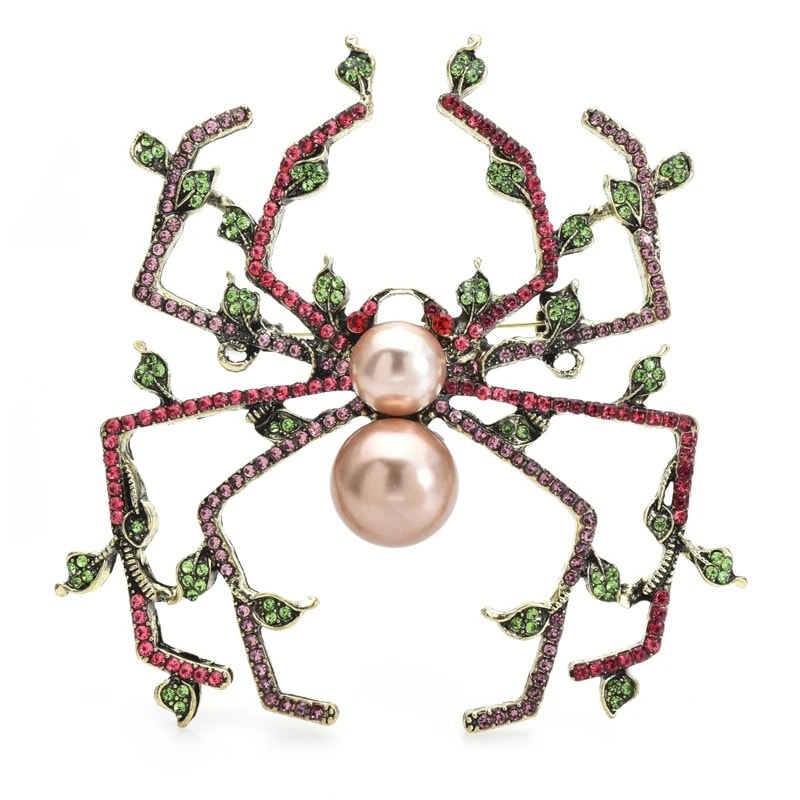 Brosa aurie, forma de paianjen, cu pietre si perle, Rine C9