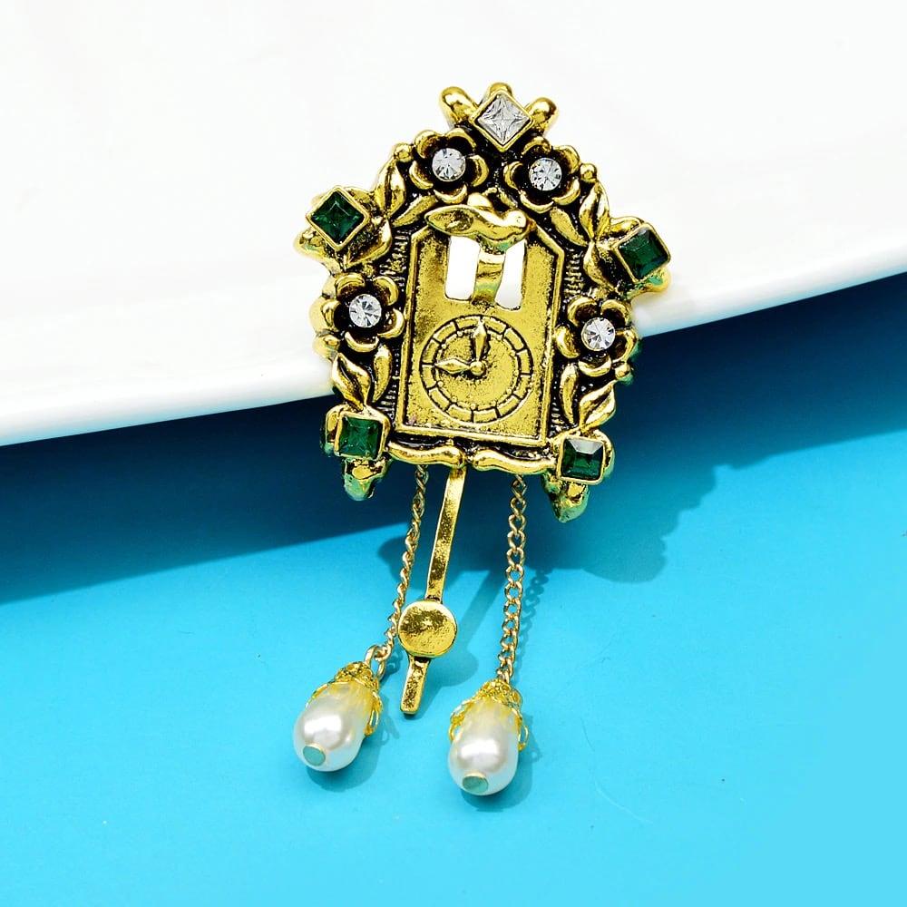 Brosa aurie, in forma de orologiu, cu pietre, Laurice C1 - Pursehuit.ro