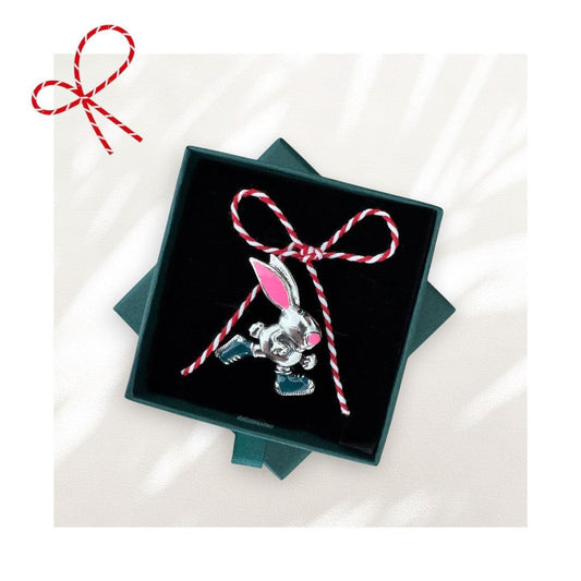 Brosa argintie, forma de iepuras, cu snur de martisor si cutiuta cadou, Alison - Pursehuit.ro