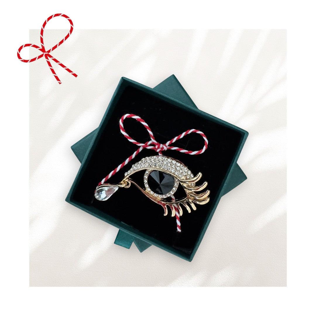 Brosa aurie, forma de ochi, cu snur de martisor si cutiuta cadou, Alpha - Pursehuit.ro