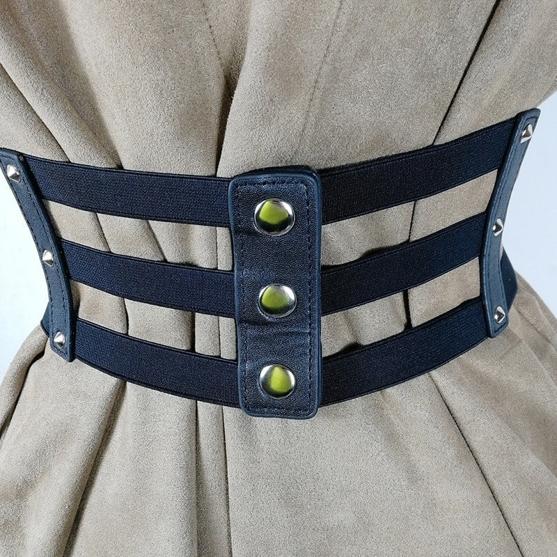Centura corset, neagra, din piele ecologica, cu catarame argintii, Cristiana C2