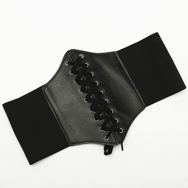 Centura de talie, neagra, tip corset, elastica, din piele ecologica, Alfons C1