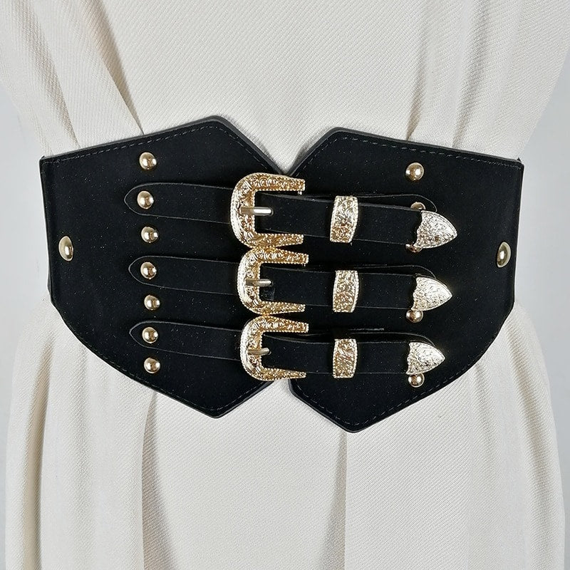 Centura tip corset, neagra, din piele ecologica, elastica, cu catarame aurii, Hunter C2