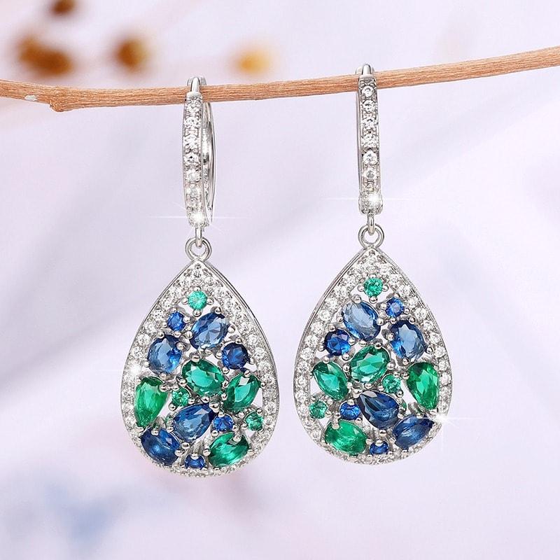 Cercei argintii, forma de lacrima, cu pietre verzi si albastre din zirconiu, Sharon C12 - Pursehuit.ro