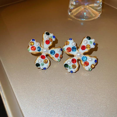 Cercei aurii, cu clips, forma de floare, cu pietre multicolore, Ionatan C5 - Pursehuit.ro
