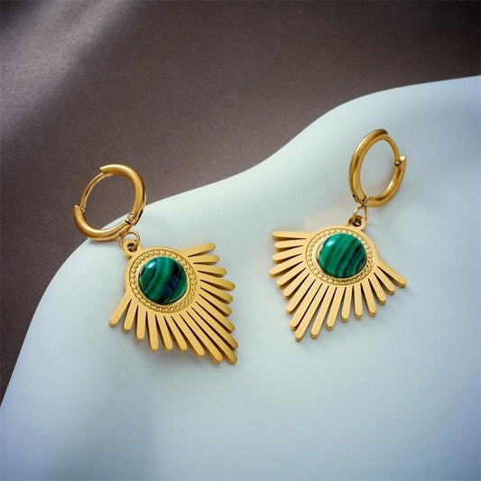 Cercei aurii, cu raze si pietre verzi, Baldine C14 - Pursehuit.ro