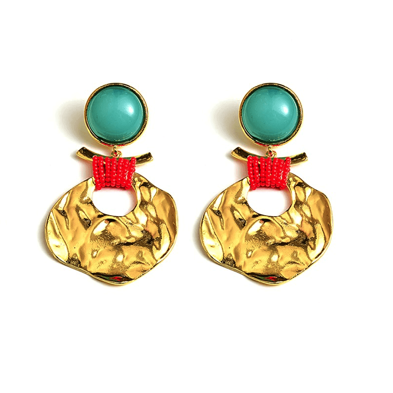 Cercei aurii, cu textura sifonata si pietre turquoise, Viviana C4 - Pursehuit.ro